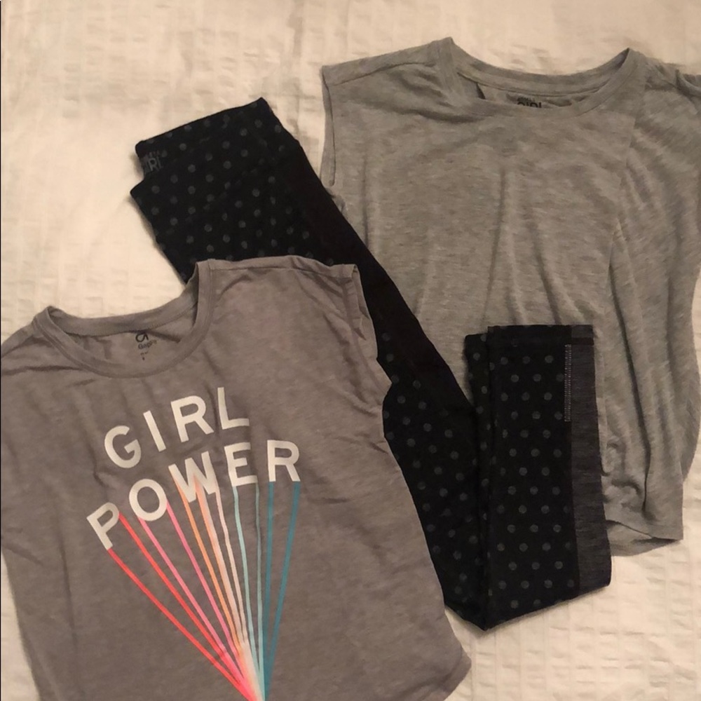 Athleta Girl leggings, grey top and Gap tee